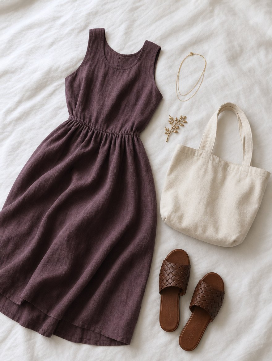 Soft Summer warm weather outfit flat lay — Smoky lavender slip dress + cool nude sandals + antique silver pendant + cool woven bag
