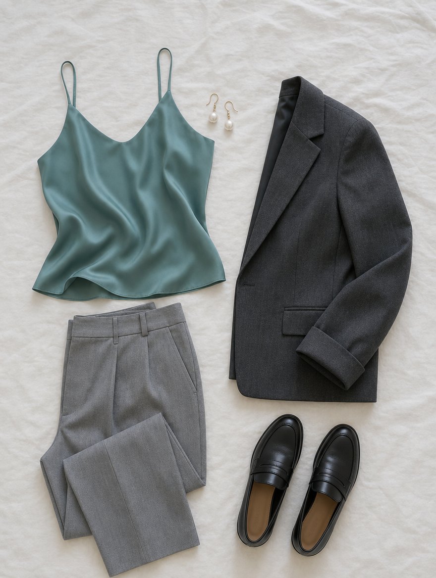Soft Summer workday outfit flat lay — Sage silk blouse + cool taupe trousers + soft slate pointed flats + thin silver chain
