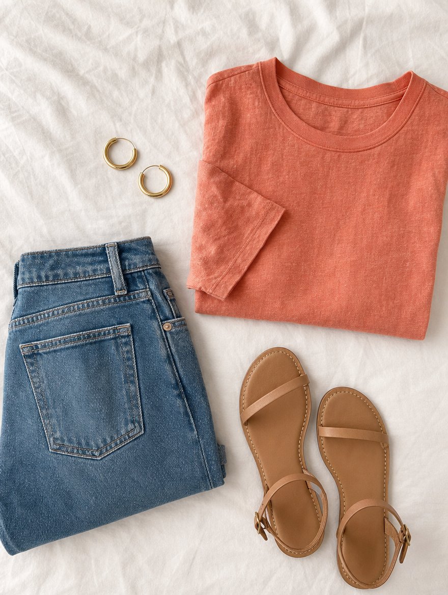 Spring casual everyday outfit flat lay — Coral linen tee + warm-wash denim + tan sandals + gold hoops