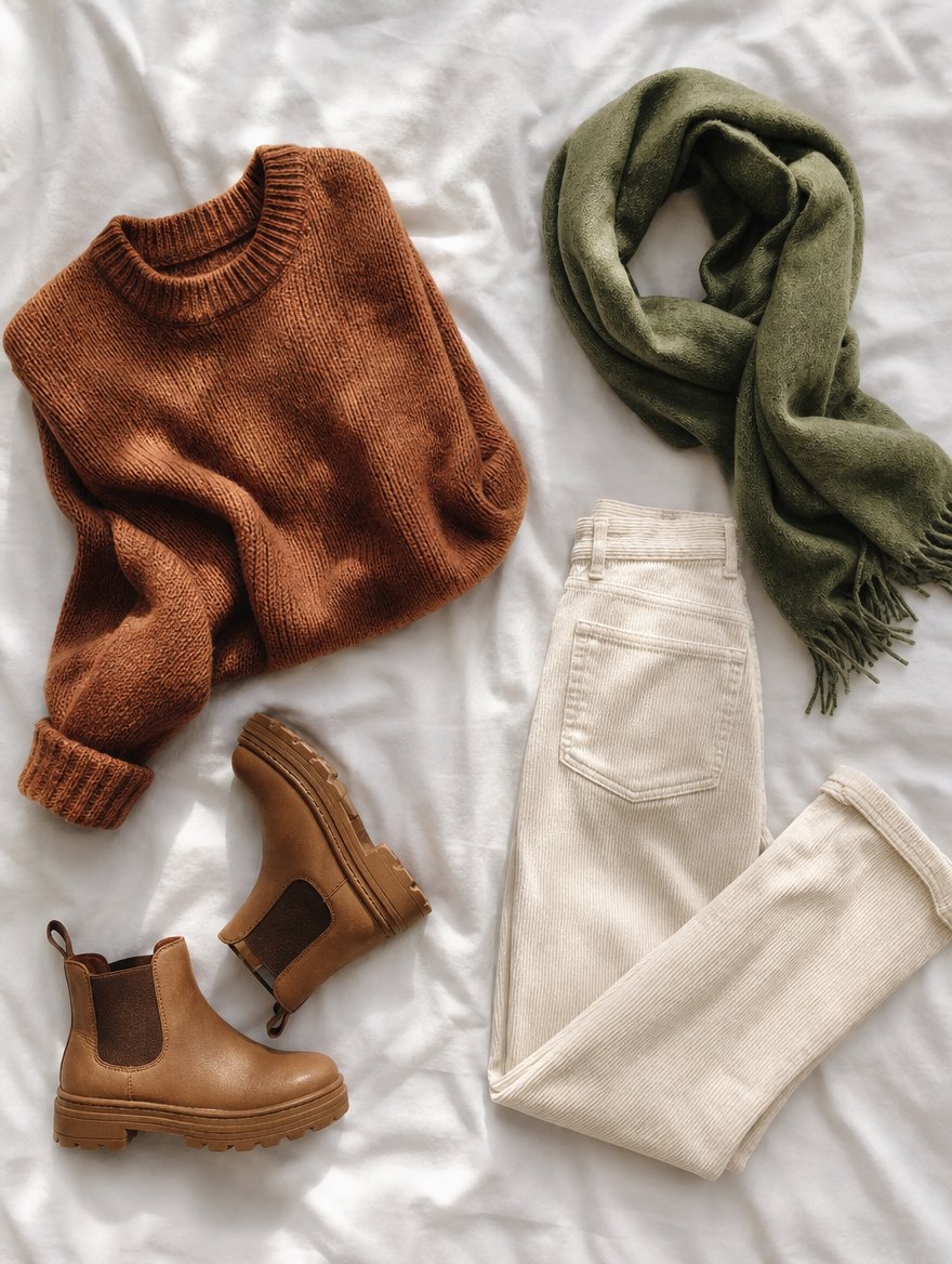 Spring cooler weather outfit flat lay — Warm chestnut sweater + ivory cords + caramel boots + fresh-green wool scarf