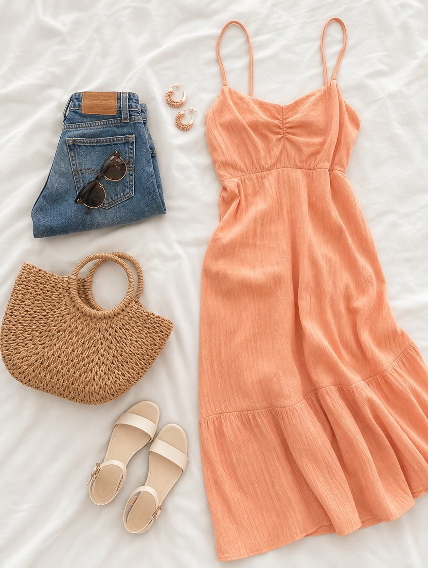 Spring warm weather outfit flat lay — Peach midi sundress + ivory sandals + woven straw bag + rose-gold earrings