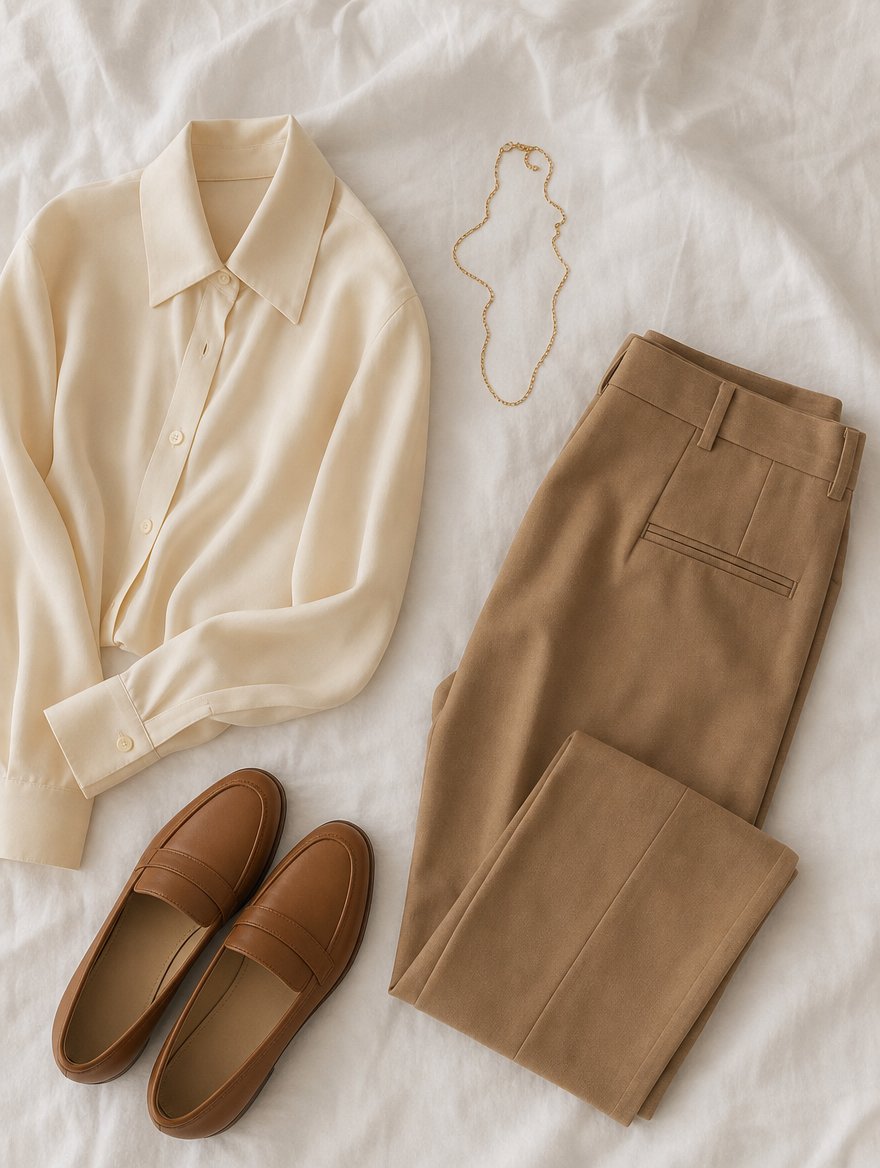 Spring workday outfit flat lay — Warm cream silk blouse + camel trousers + caramel loafers + thin yellow-gold chain