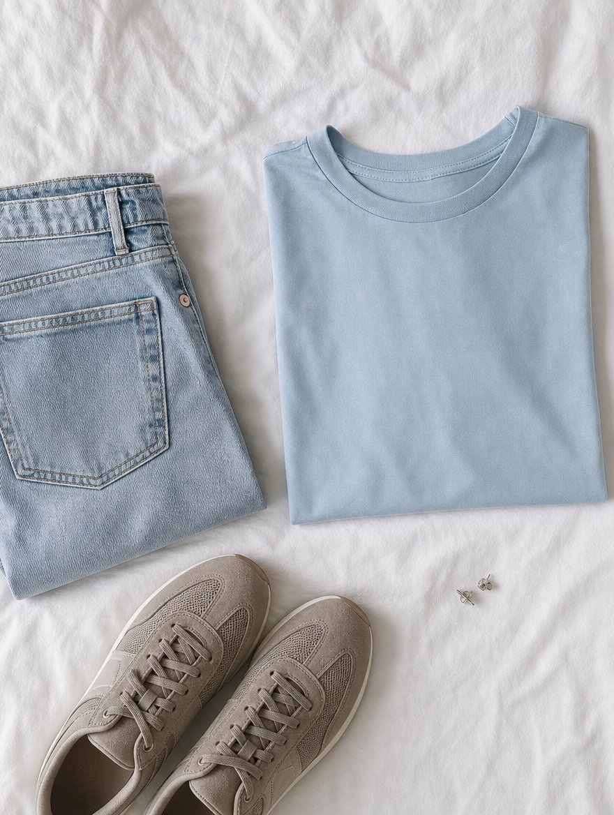 Summer casual everyday outfit flat lay — Powder blue tee + light cool denim + cool taupe sneakers + silver studs
