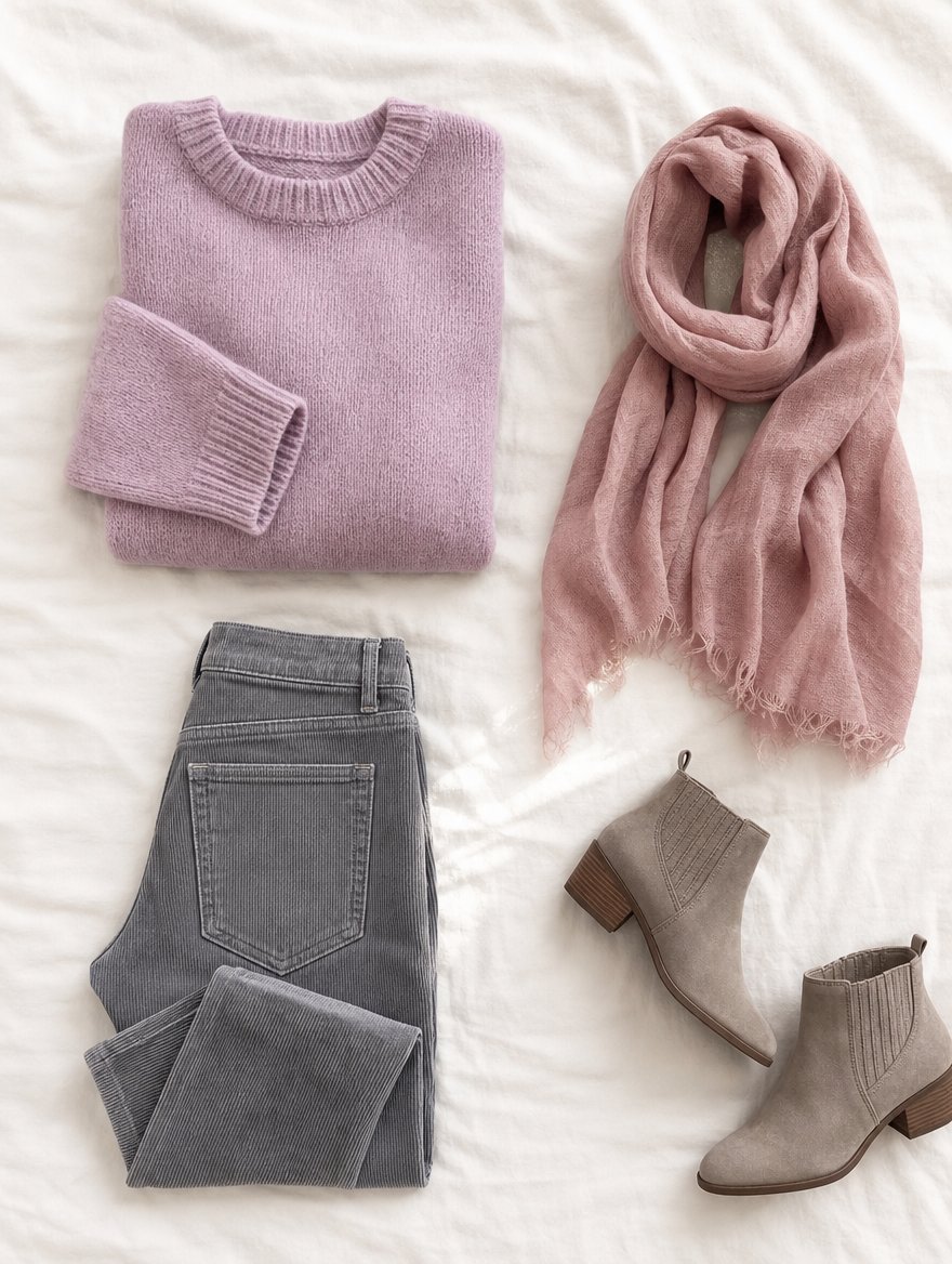 Summer cooler weather outfit flat lay — Soft mauve sweater + cool gray cords + dove gray boots + dusty rose scarf