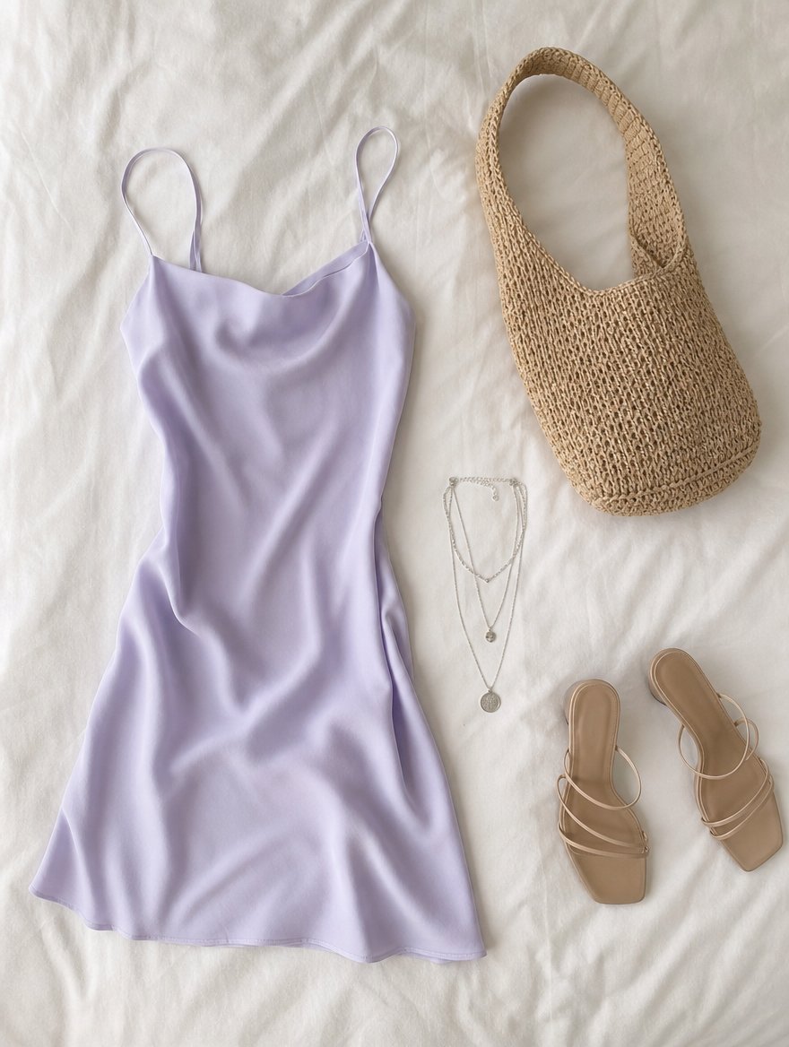 Summer warm weather outfit flat lay — Lavender slip dress + cool nude sandals + silver layered necklaces + cool straw bag
