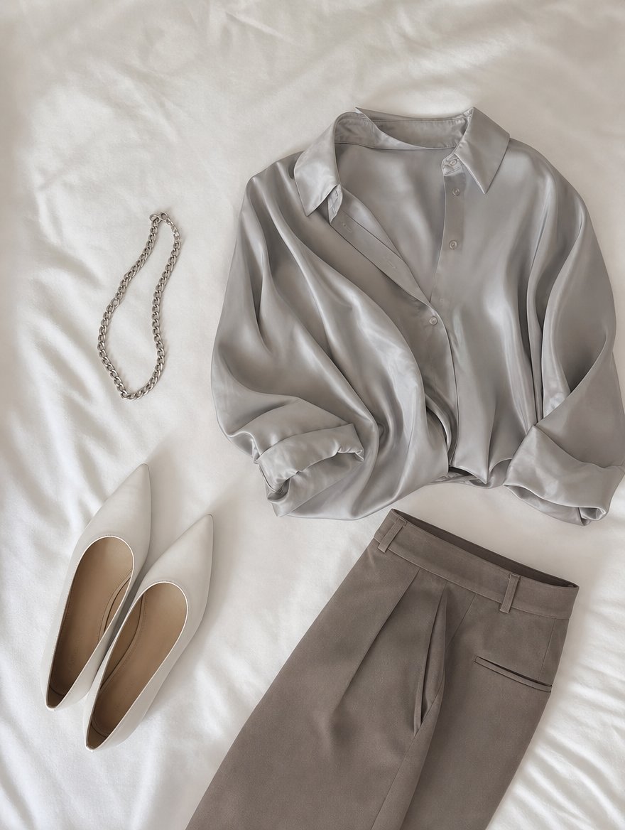 Summer workday outfit flat lay — Dove gray silk blouse + cool taupe trousers + soft white pointed flats + silver chain