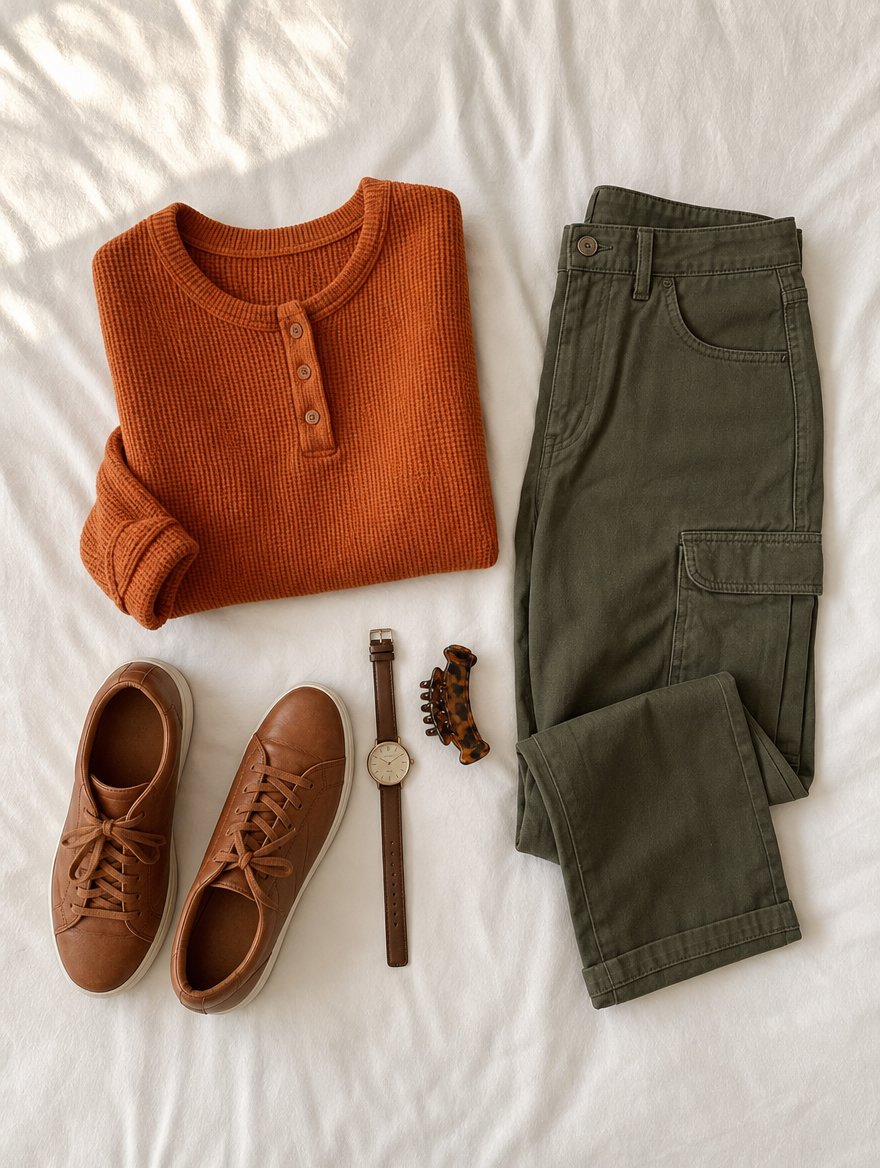 True Autumn casual everyday outfit flat lay — Rust knit tee + warm-wash denim + warm brown leather boots + gold hoops