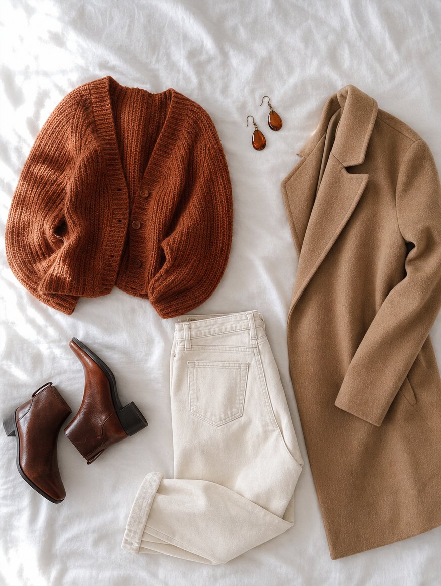 True Autumn cooler weather outfit flat lay — Forest green chunky sweater + warm brown wool trousers + warm chestnut boots + burgundy scarf