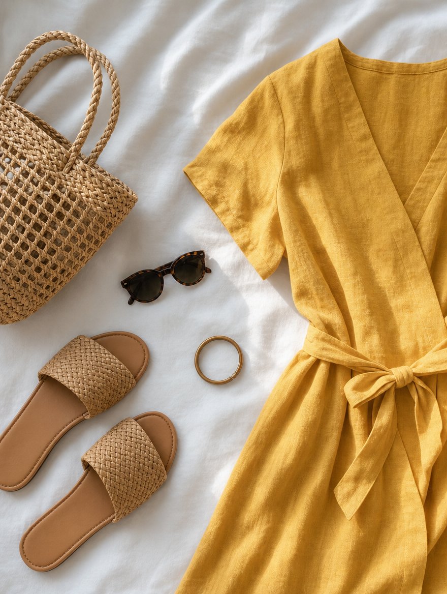 True Autumn warm weather outfit flat lay — Mustard wrap dress + warm tan sandals + woven leather bag + antique brass earrings