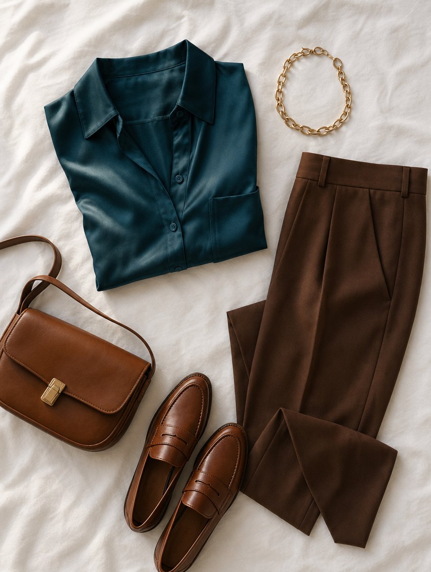 True Autumn workday outfit flat lay — Warm cream silk blouse + camel tailored trousers + warm tan leather belt + warm chestnut pumps + brass cuff