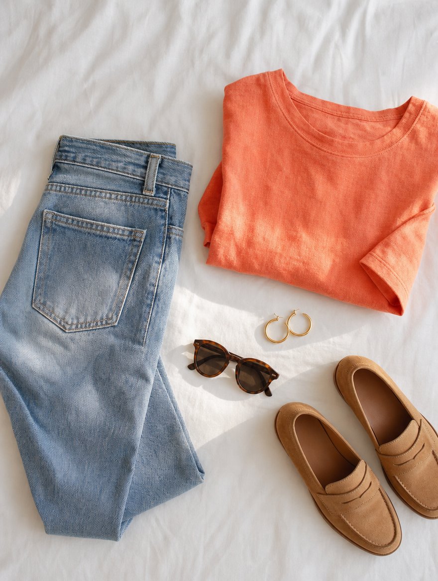 True Spring casual everyday outfit flat lay — Coral linen tee + warm-wash denim + camel suede loafers + gold hoops + warm tortoiseshell sunglasses