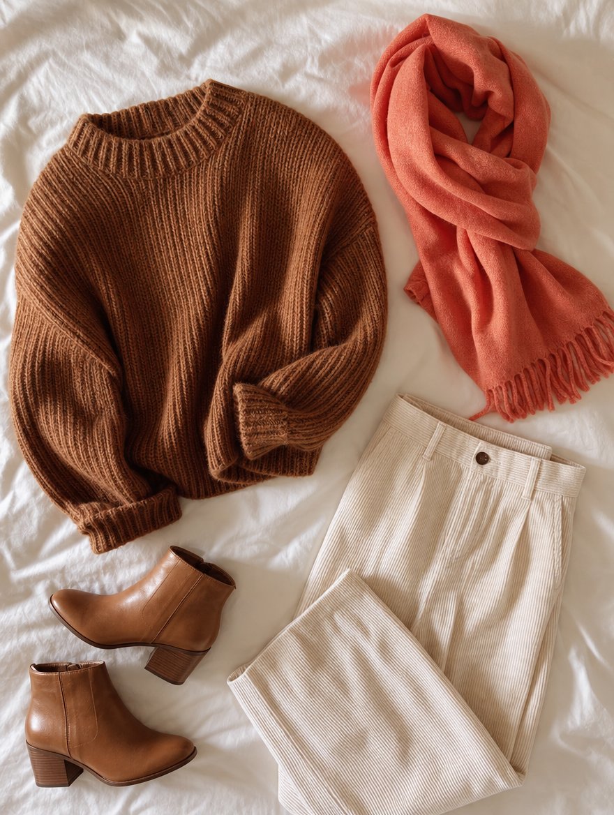 True Spring cooler weather outfit flat lay — Warm chestnut chunky sweater + ivory wide-leg corduroys + caramel ankle boots + a coral or fresh-green wool scarf