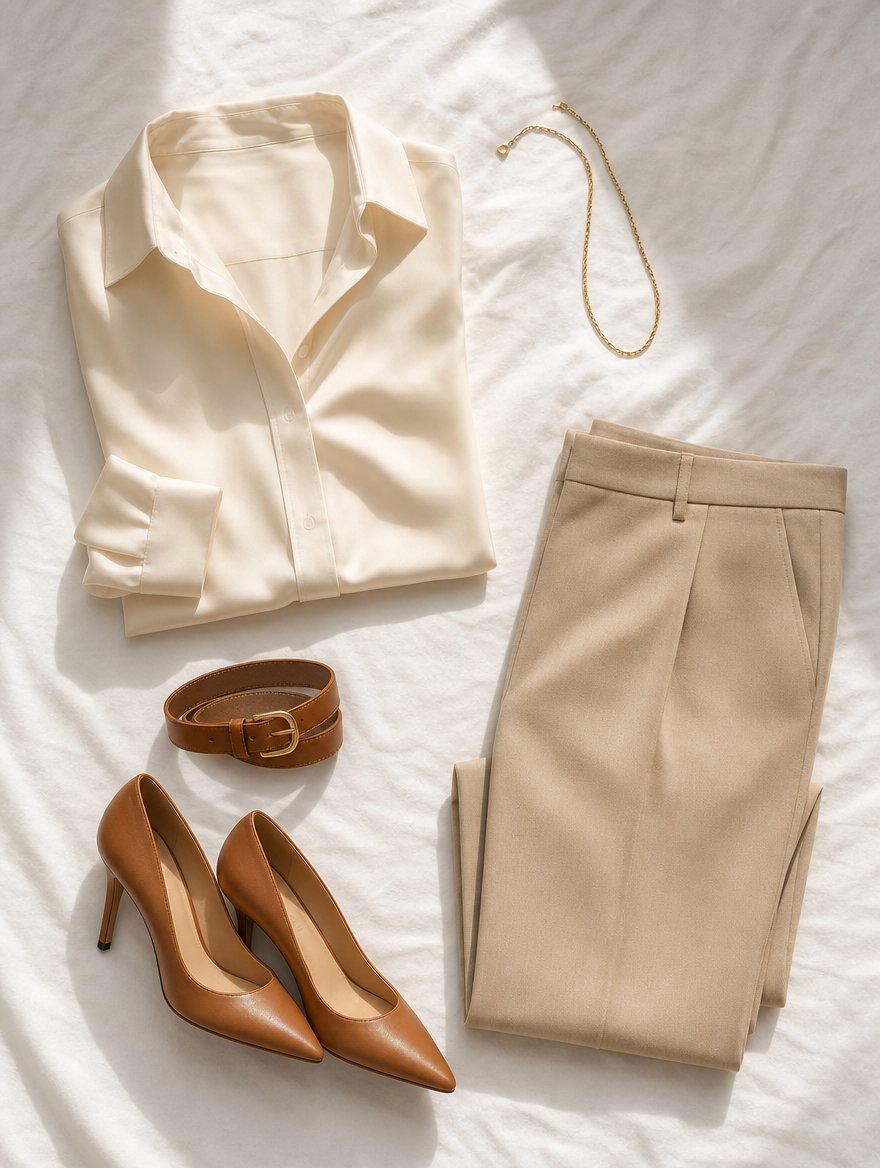True Spring polished workday outfit flat lay — Cream silk blouse + warm beige tailored trousers + warm tan leather belt + caramel pointed-toe pumps + thin yellow-gold chain