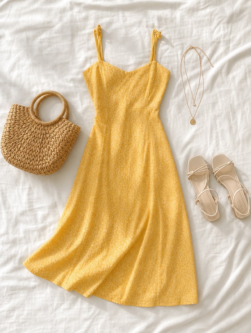 True Spring warm weather outfit flat lay — Golden yellow midi sundress + ivory sandals + rose-gold layered necklaces + woven straw bag