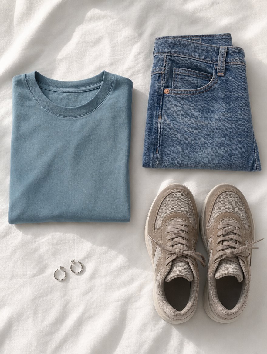True Summer casual everyday outfit flat lay — Slate blue tee + cool denim + cool taupe sneakers + small silver hoops