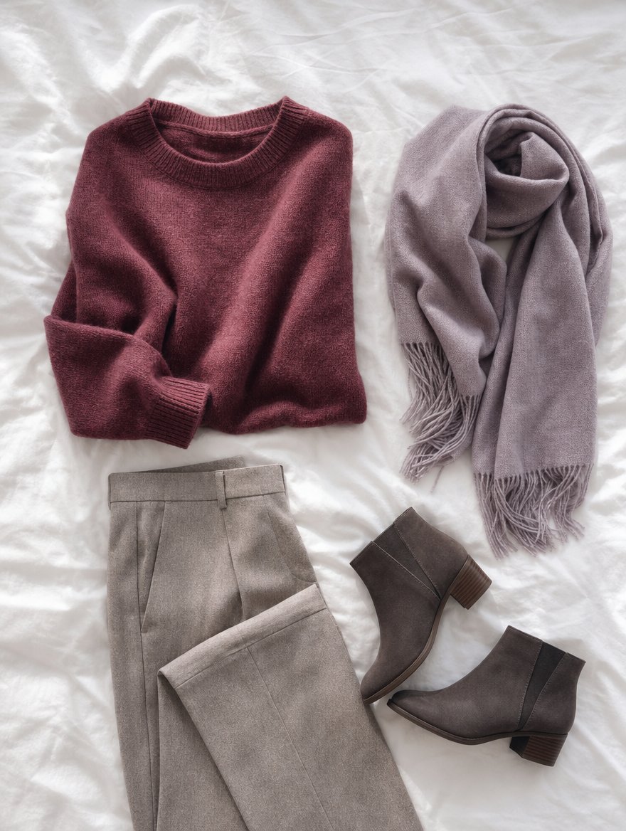 True Summer cooler weather outfit flat lay — Soft burgundy sweater + cool taupe wool trousers + slate ankle boots + smoky lavender scarf