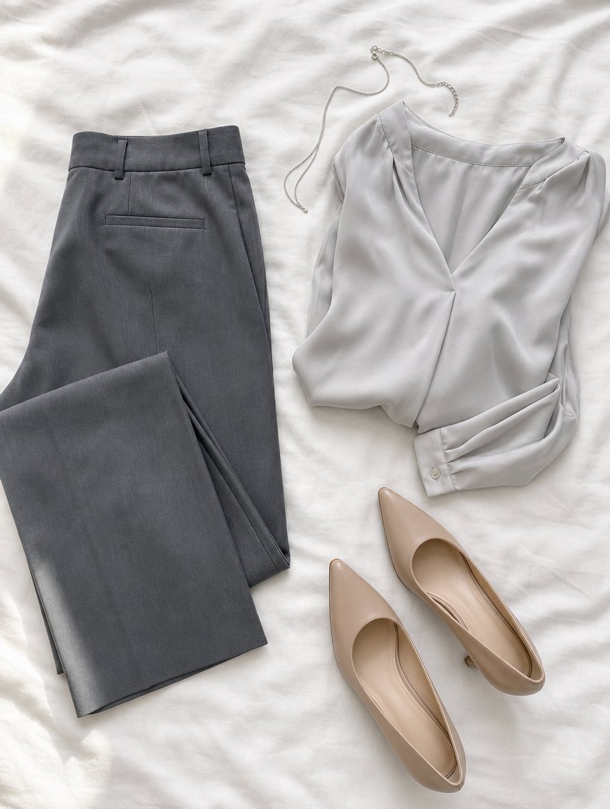 True Summer polished workday outfit flat lay — Dove gray silk blouse + slate trousers + cool nude pointed pumps + delicate silver chain