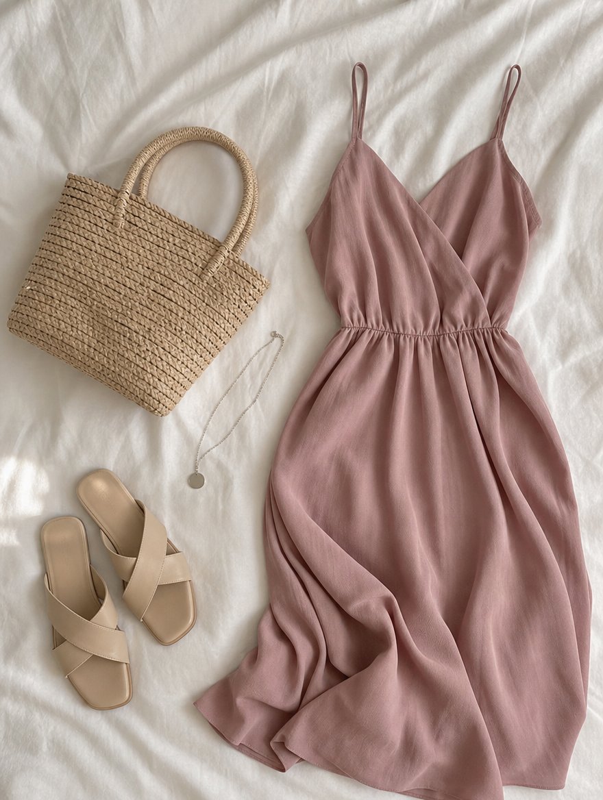 True Summer warm weather outfit flat lay — Dusty rose midi dress + cool nude sandals + silver pendant + cool straw bag