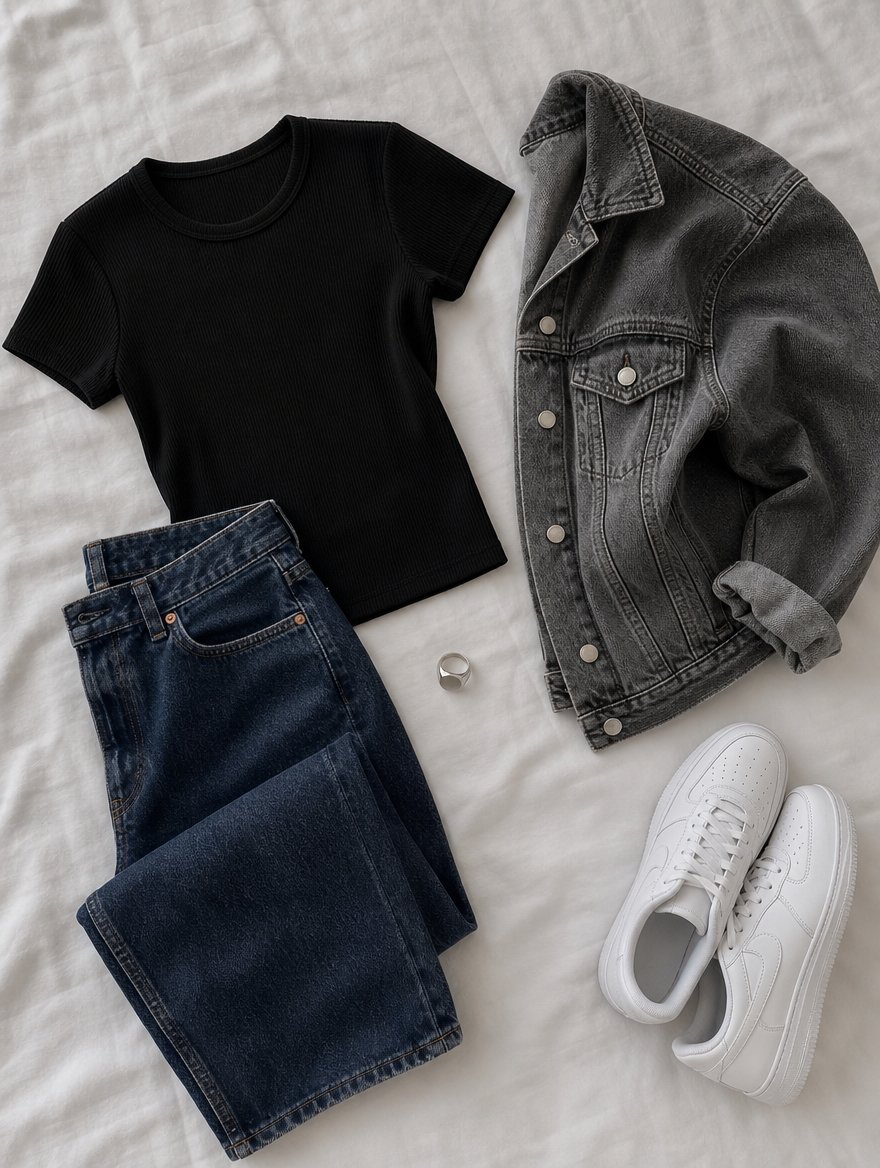 True Winter casual everyday outfit flat lay — Pure white tee + dark wash denim + black sneakers + small silver studs