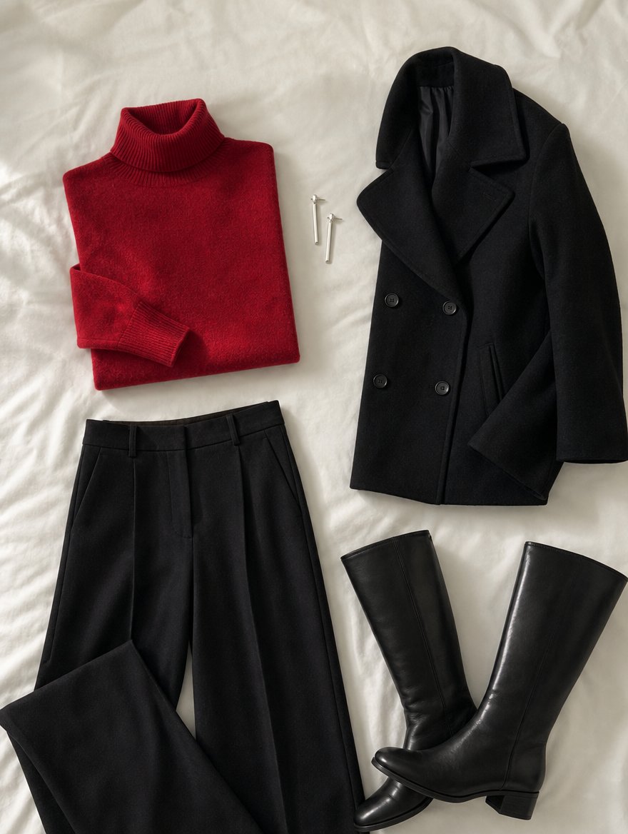 True Winter cooler weather outfit flat lay — Emerald wool sweater + charcoal wool trousers + black ankle boots + true red wool scarf