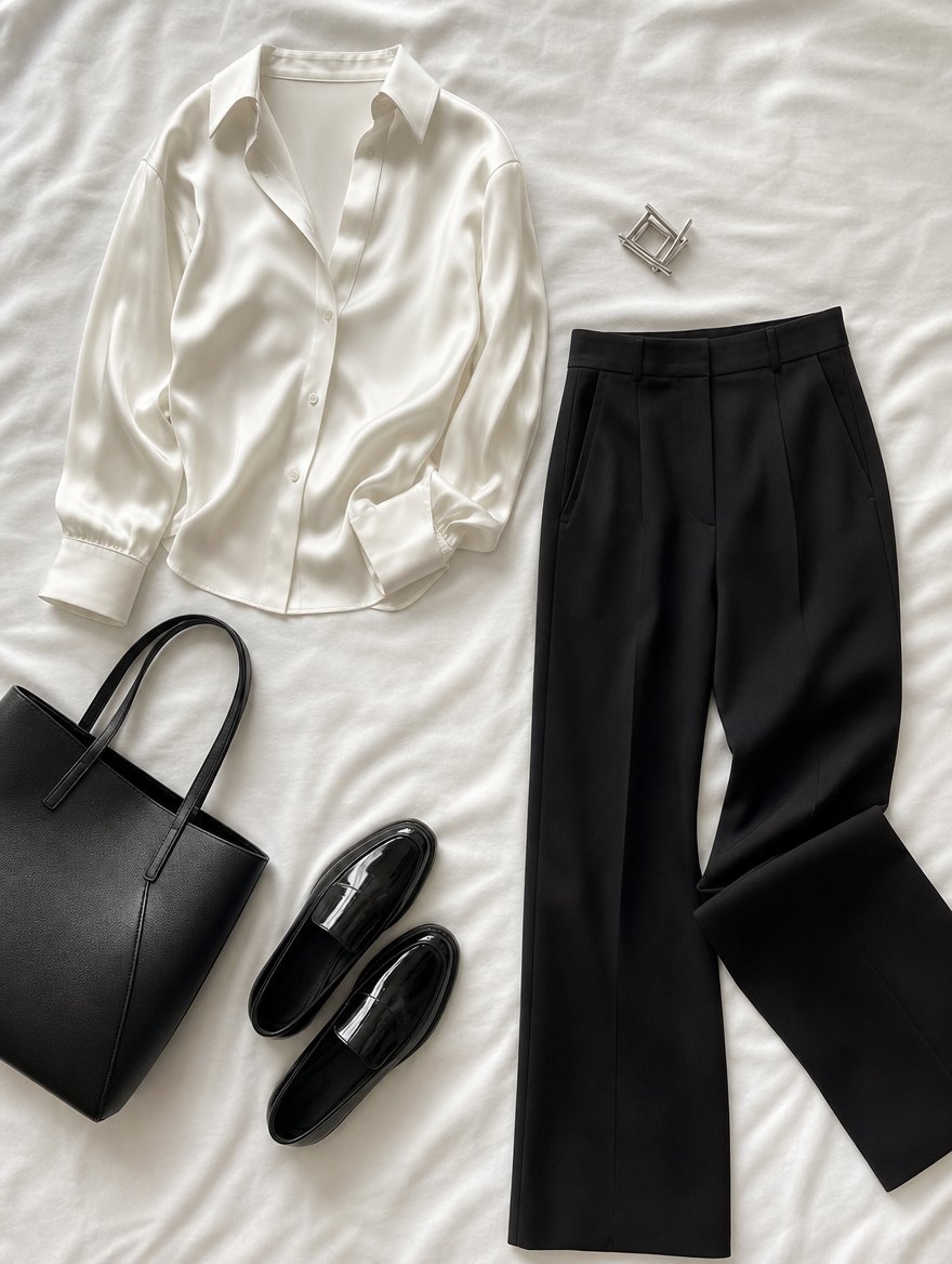 True Winter polished workday outfit flat lay — Crisp white silk blouse + sharp black tailored trousers + black pointed pumps + delicate platinum chain