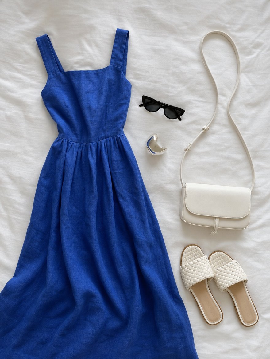 True Winter warm weather outfit flat lay — Fuchsia midi dress + black sandals + silver layered necklaces + sleek black leather bag