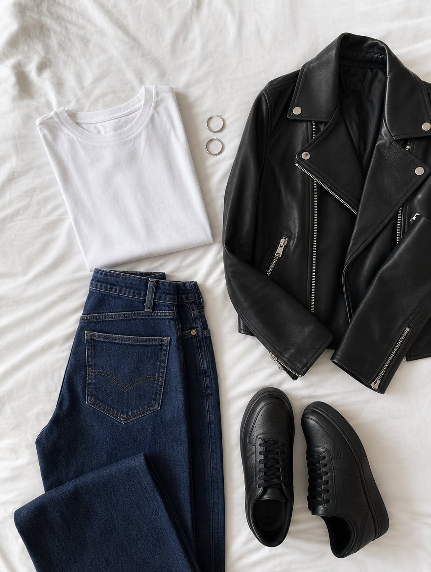 Winter casual everyday outfit flat lay — Pure white tee + dark wash denim + black sneakers + small silver hoops