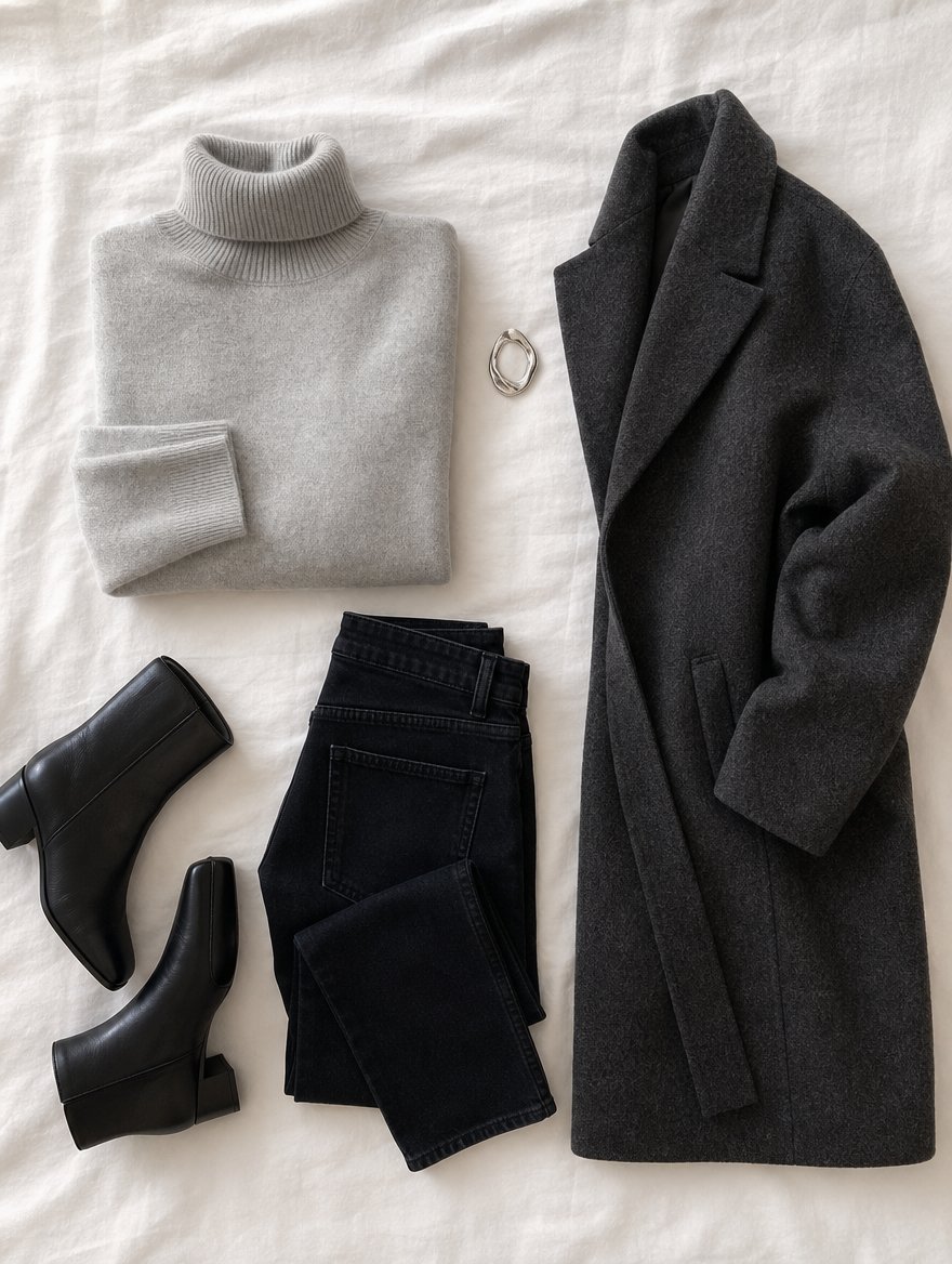 Winter cooler weather outfit flat lay — Emerald green wool sweater + charcoal trousers + black ankle boots + true red scarf