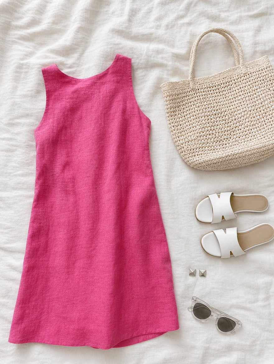 Winter warm weather outfit flat lay — Fuchsia midi dress + black sandals + silver layered necklaces + sleek leather bag