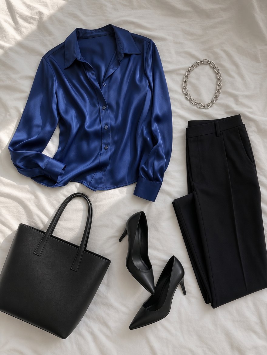 Winter workday outfit flat lay — Crisp white silk blouse + black tailored trousers + black pointed pumps + delicate silver chain