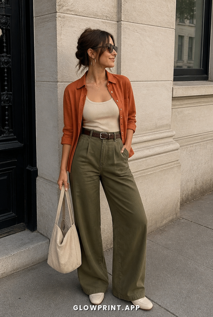 Autumn outfit in Warm Coral + Cream + Olive