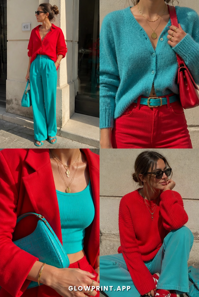Bright Spring outfit in Red + Teal