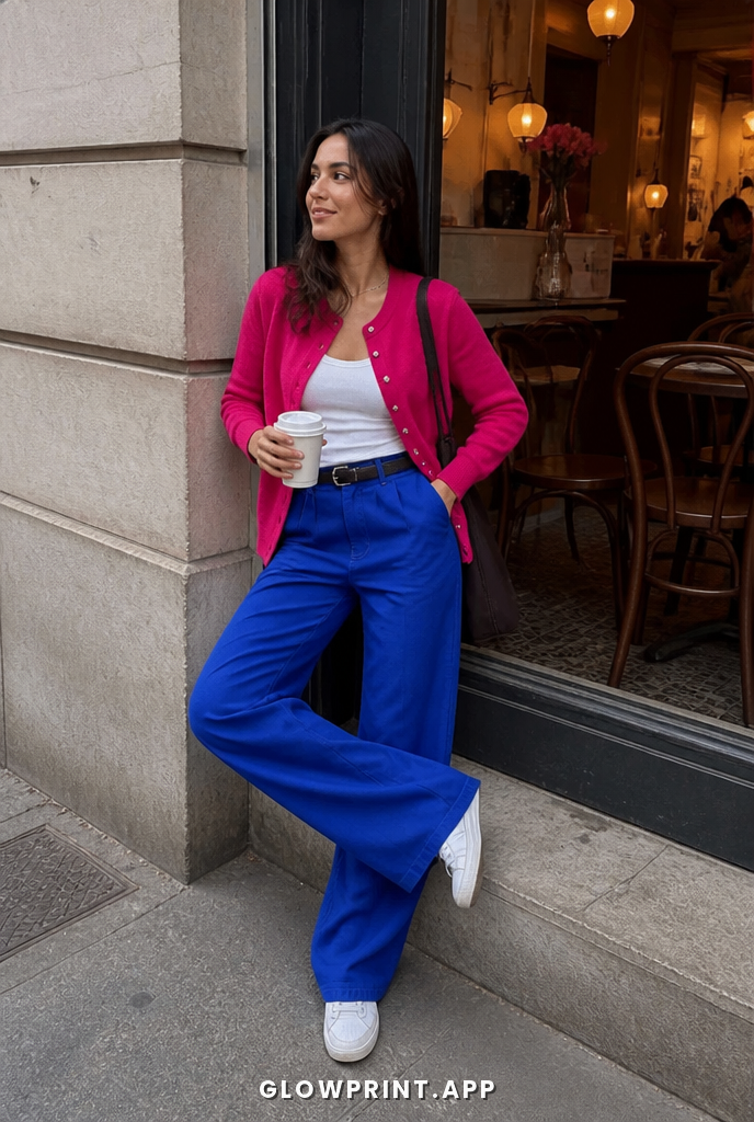 Bright Winter outfit in Pink + Pale Chartreuse + Bright Blue