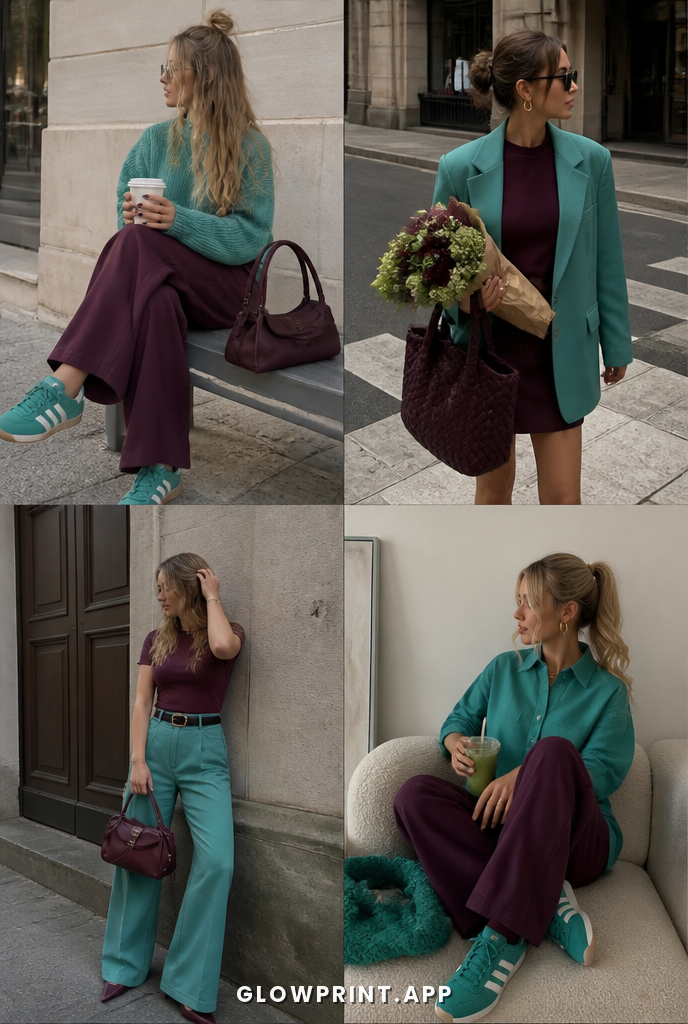 Bright Winter outfit in Teal + Muted Pink