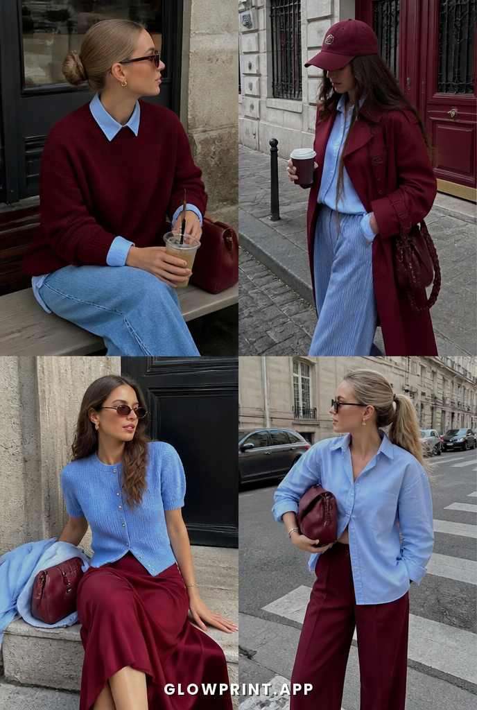 Deep Winter outfit in Dark Red + Blue