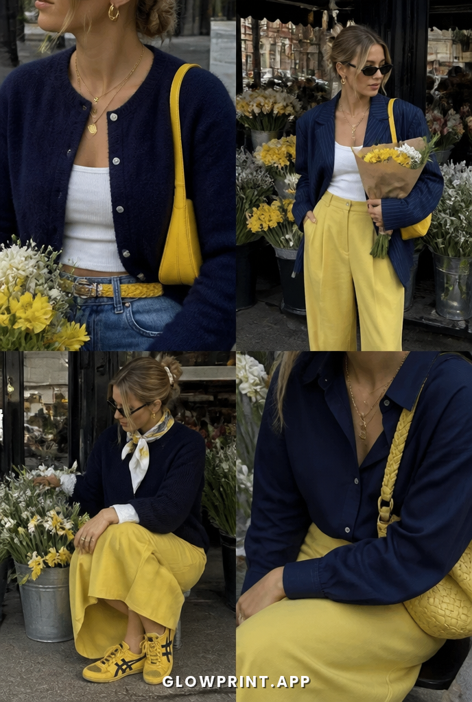 Deep Winter outfit in Muted Blue + Bright Yellow
