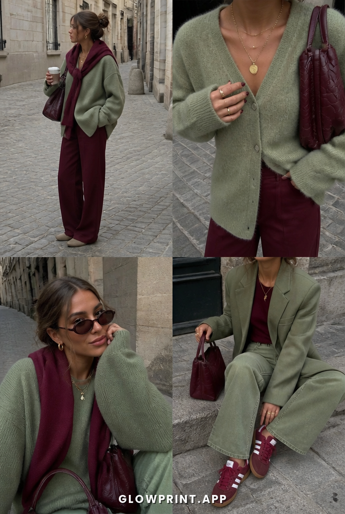 Soft Autumn outfit in Soft Green + Muted Red