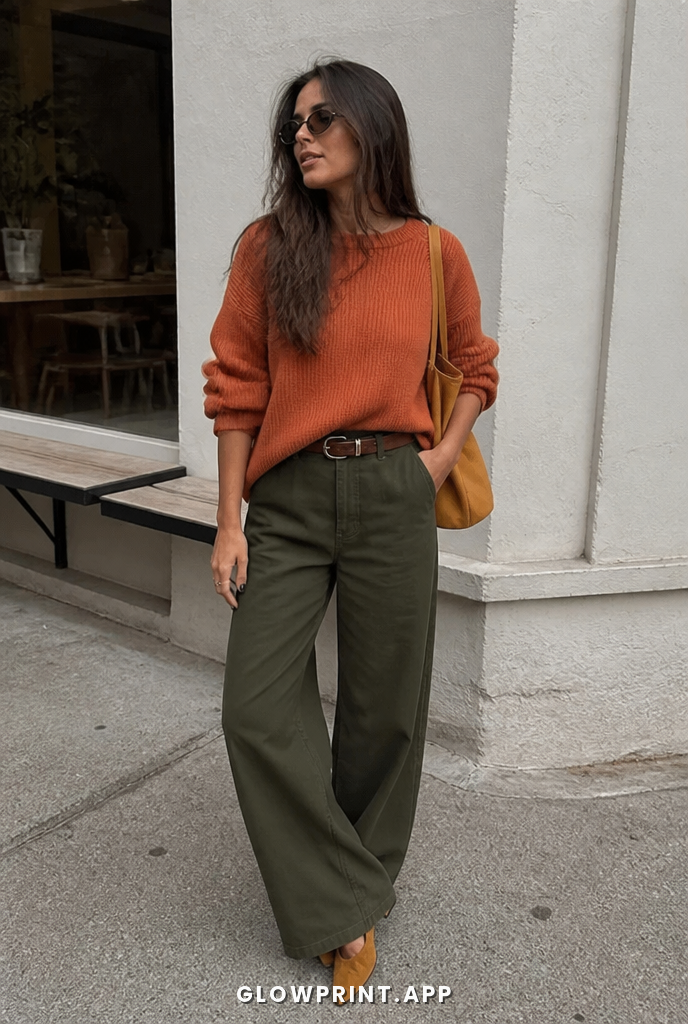 True Autumn outfit in Warm Coral + Olive