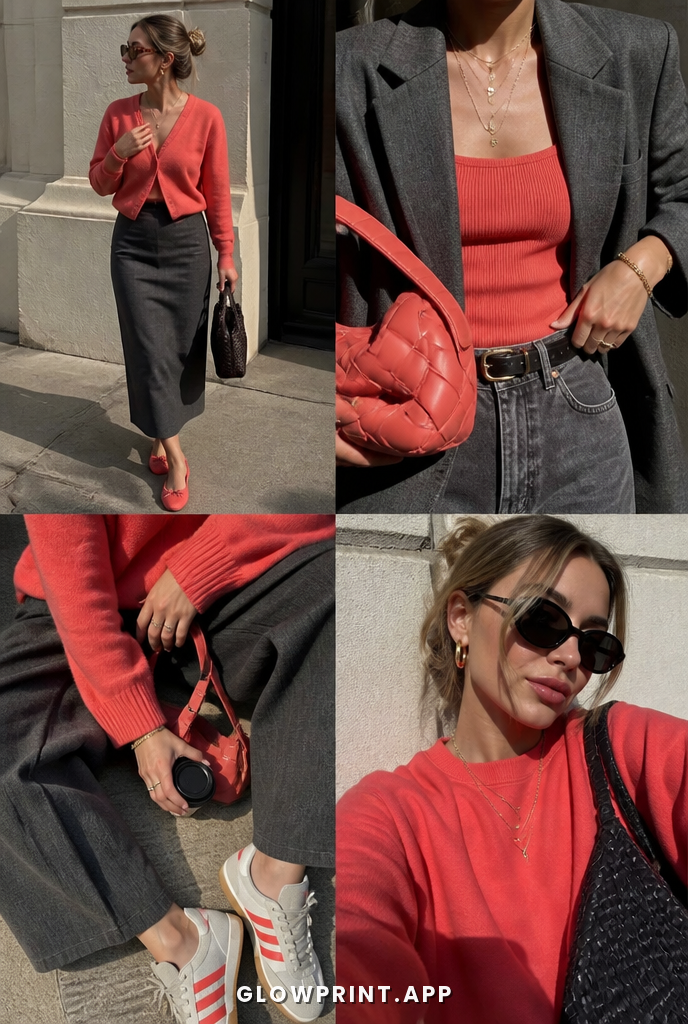 True Winter outfit in Soft Red + Charcoal
