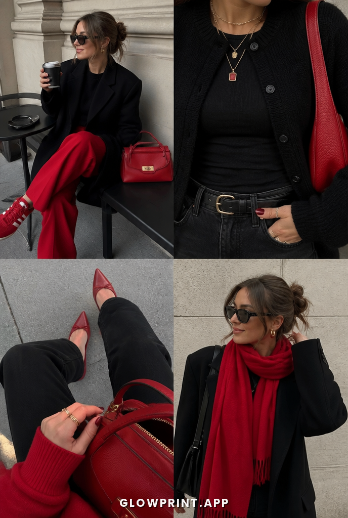 Winter outfit in Charcoal + Bright Red