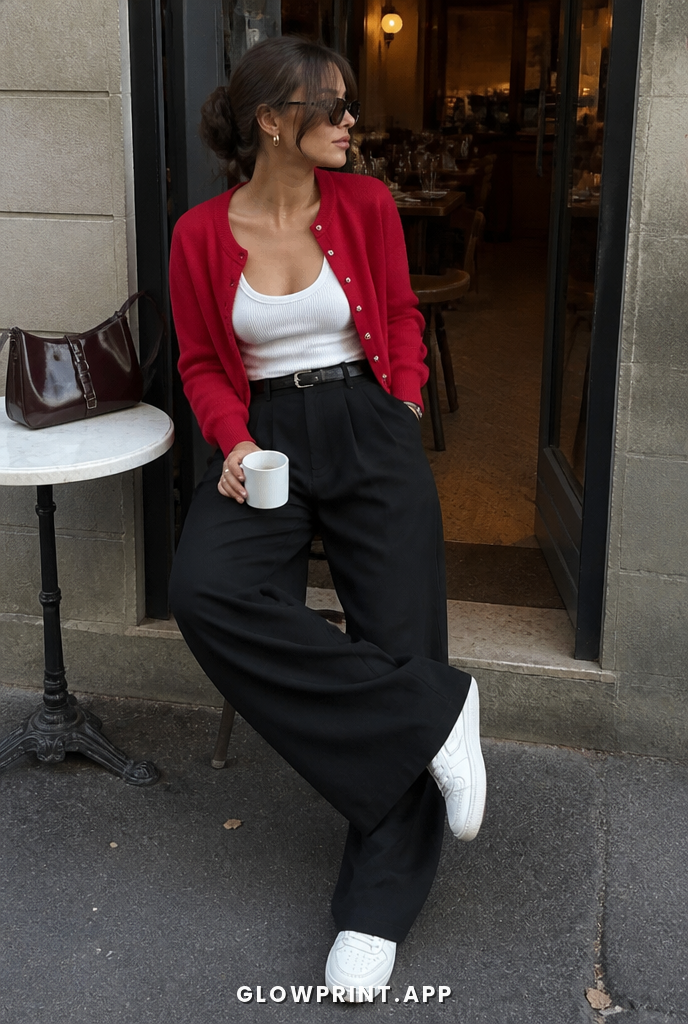 Winter outfit in Warm Red + Pale Chartreuse + Charcoal