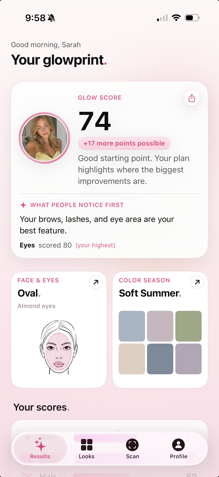 Glowprint face analysis results screen